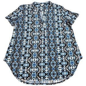 Cato Geometric Medallion Print Blouse Women's Size Large Blue Black Split Neck
